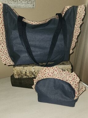 NEW Denim Blue Tote and Cosmetic Bag with Pink Polka Dot Ruffle Trim